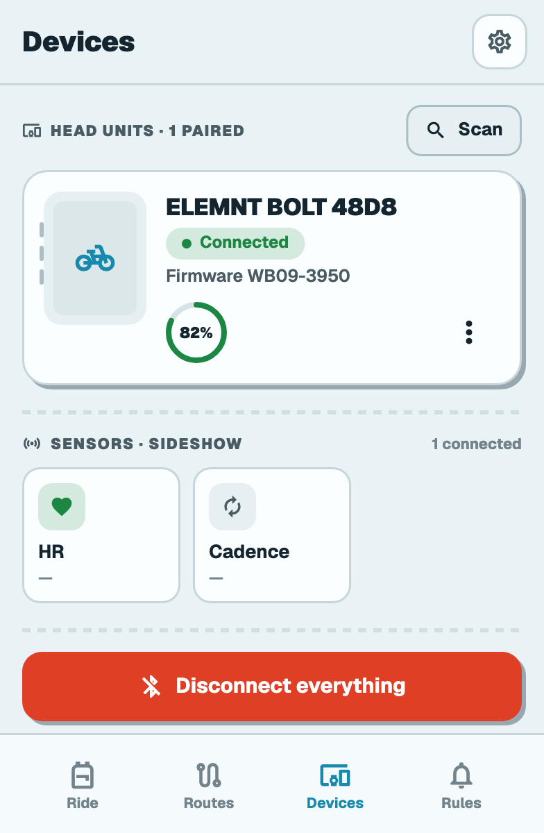 Devices screen: ELEMNT BOLT hero card with battery ring and firmware, sensors below