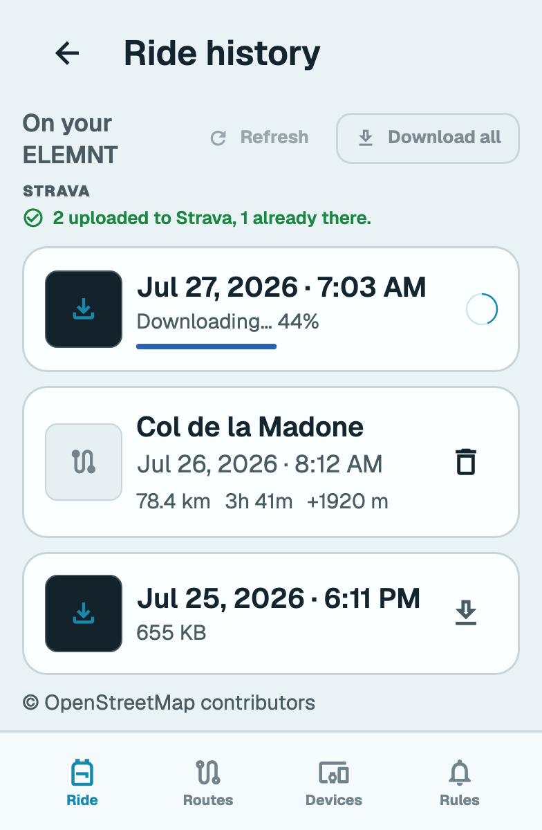 Ride history screen: rides on the phone and rides still on the ELEMNT in one list, one downloading at 44%, a Strava upload tally