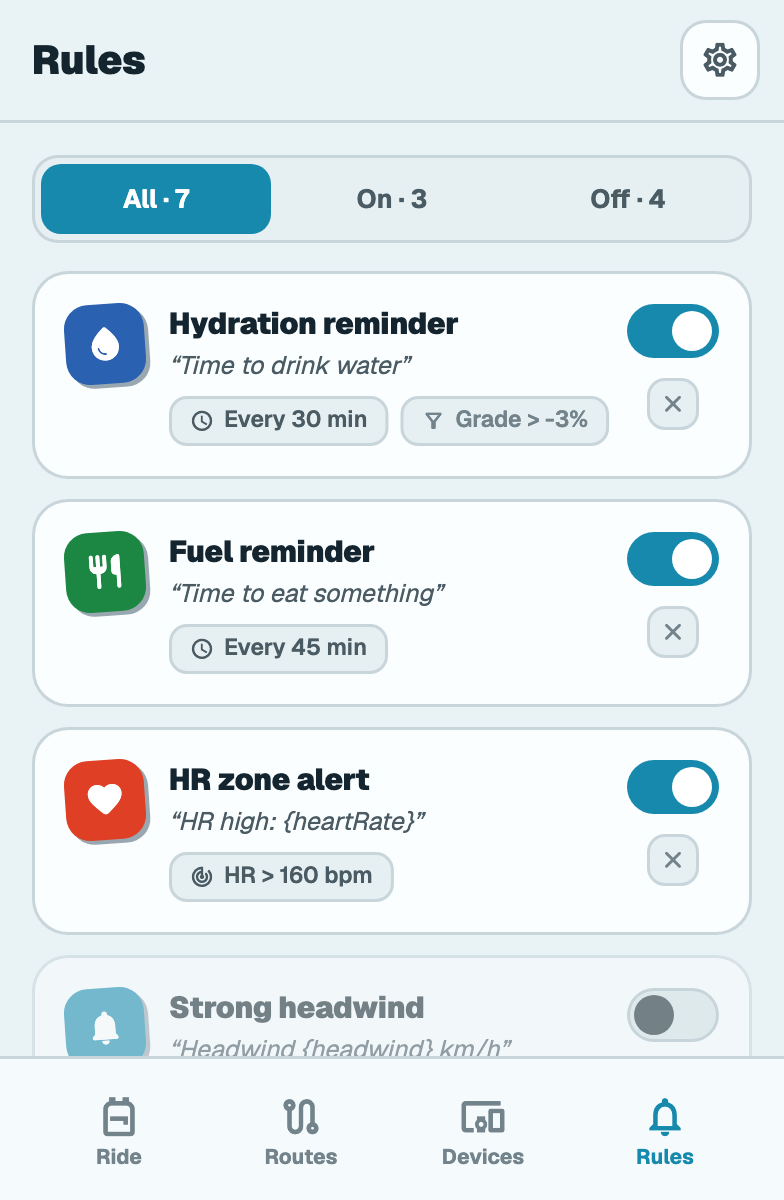 Rules screen: sunscreen, hydration and weather reminder cards with on/off switches